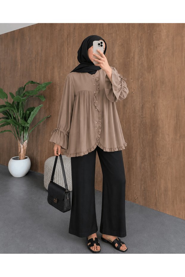 Ruffled Front Lace-Up Sleeve Shirt - 31111- Mocha