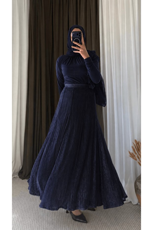 One-Shoulder Glittery Skirt Suit with Volan Detail - 5795 - Navy Blue