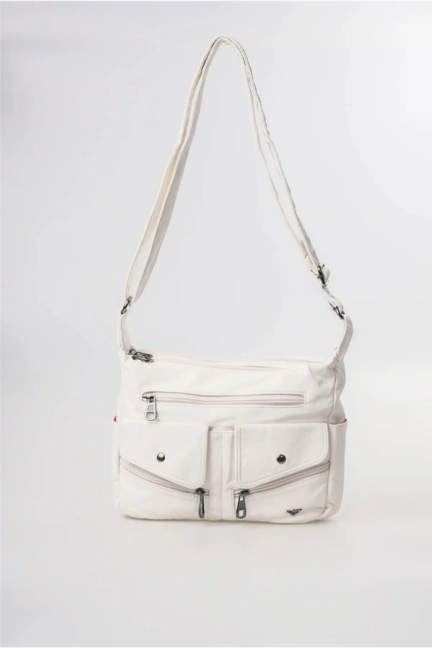 Washable Leather Crossbody Shoulder Bag Multi-Compartment Soft Textured Stylish Daily Bag White 18170