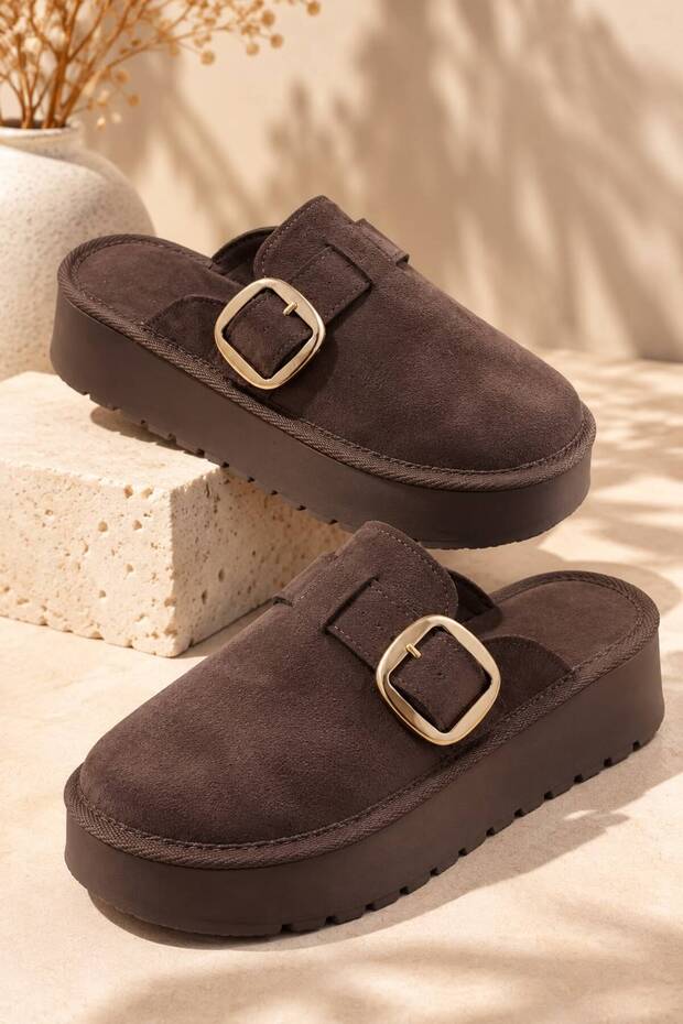 Gny Women's Brown Suede Buckle Thick-Soled Slippers
