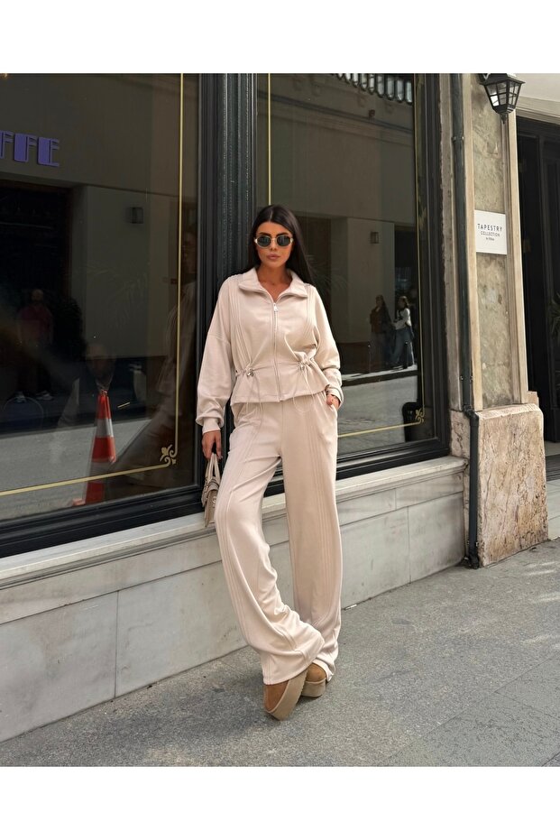 Women's Beige Drawstring Waist Zippered Sweatshirt Pants Two-Piece Set