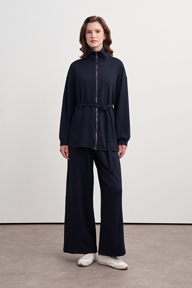 Women's Belted Sweat Pants Set Navy Blue