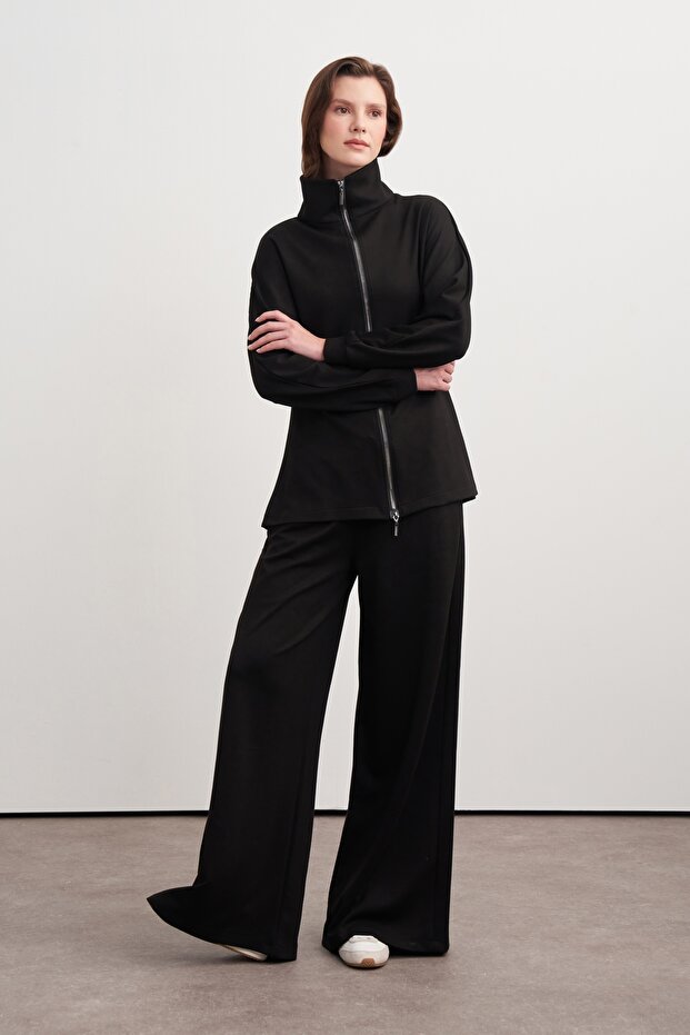 Women's Waist-Fitted Zippered Sweat Pants Set Black