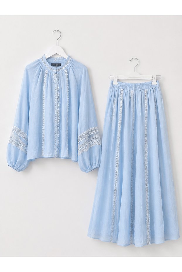 Balloon Sleeve Guipure Ribbon Detailed Skirt Suit - 5723 - Baby Blue