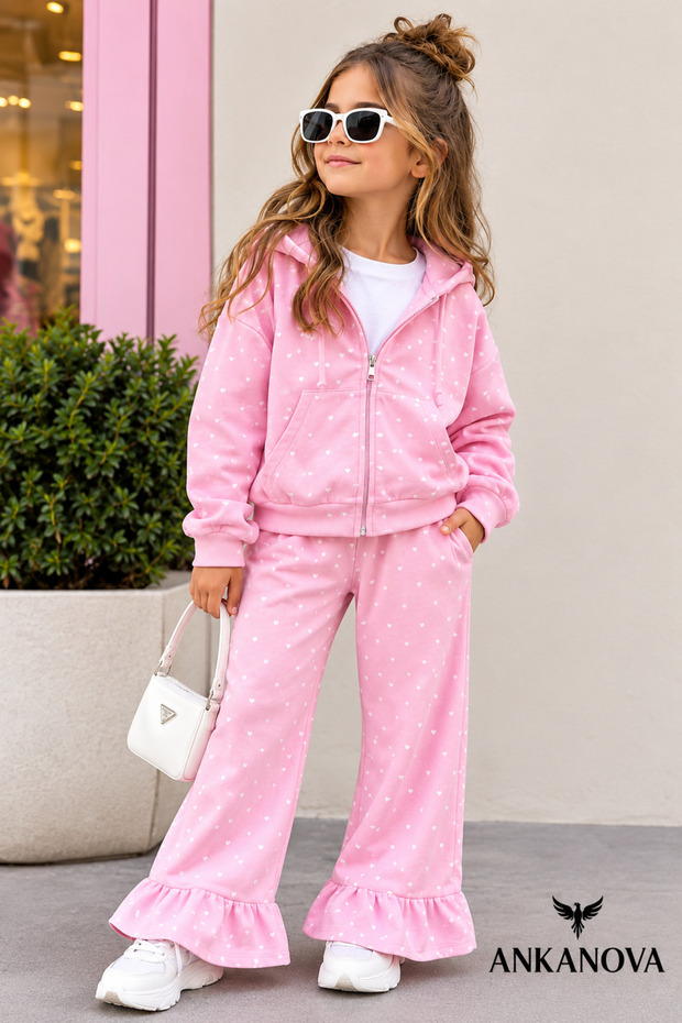 Girl's Polka Dot Detailed Spanish-Style Flared Hem Ruffle Model Zipper Two-Thread Fabric Tracksuit Top and Bottom Set