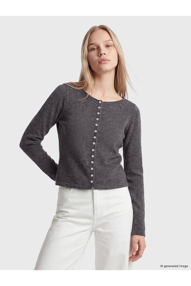 Alita City Lcw Vision Anthracite Combed Cotton Plain Women's Cardigan with a Difference
