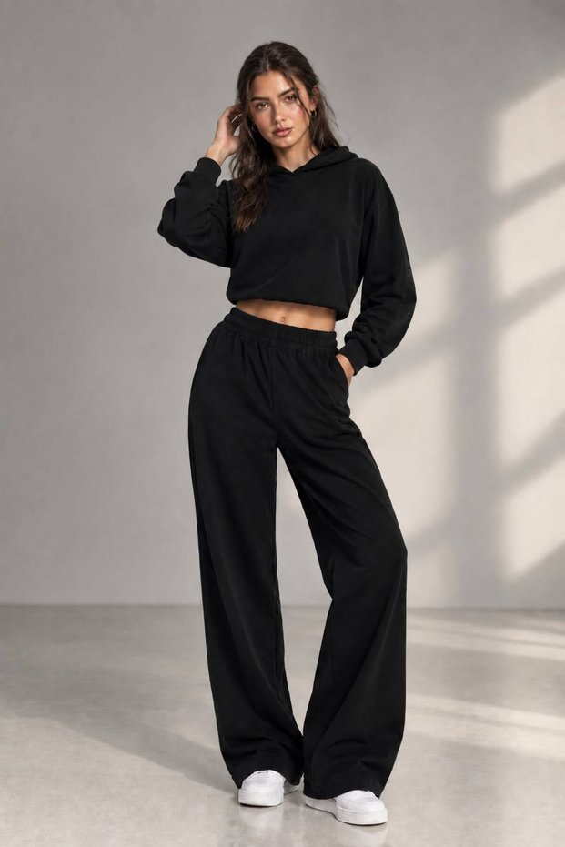 Women's Black Modal Oysho Fabric Hooded Comfortable Two-Piece Set