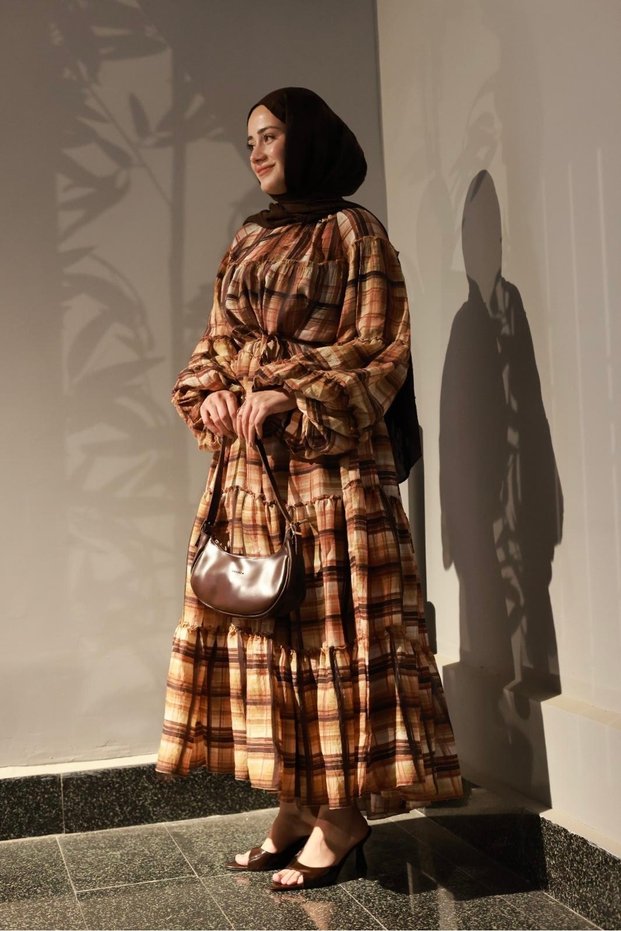 Plaid Layered Flounce Loose-Fit Dress - 0072 - Brown