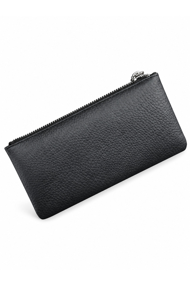 Genuine Leather Multi-Compartment Zippered Unisex Wallet with Wrist Strap Black