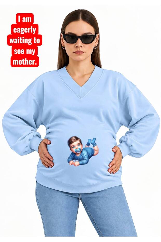 3 Yarn Combed Cotton Printed Pregnant Women's V-Neck Sweatshirt Jr5
