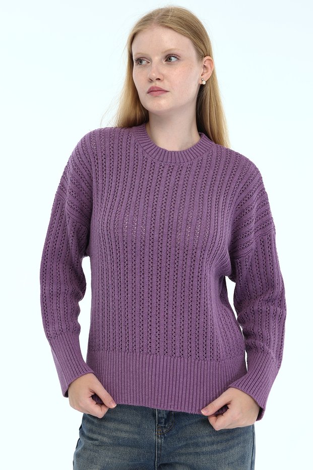 Lilac Women's 100% Cotton Openwork Ribbed Knit Crew Neck Knitwear Sweater Trist-6172