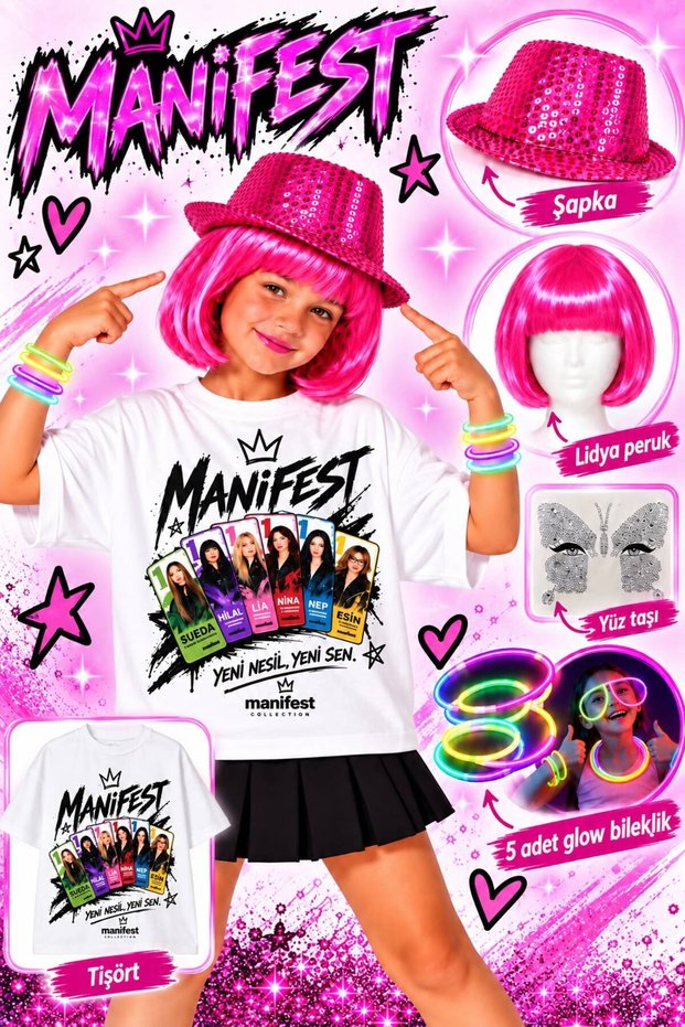 Manifest T-Shirt T-Shirt Set Manifest Lidya Pink Wig + Face Stone + Glow Bracelet + Sequined Hat Party Concert Birthday