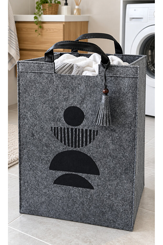 Multi-Purpose Gray Felt Dirty Laundry and Toy Basket – with Handles, Tassels, Geometric Pattern 40 × 30 × 55 cm