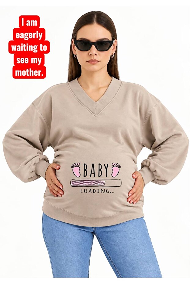 3 Yarn Combed Cotton Baby Loadi̇ng Printed Pregnant V-Neck Sweatshirt Jr2