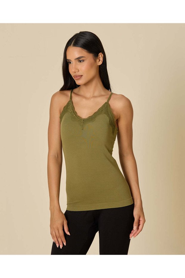 Women Olive Plain Padded V Neck Cami Top
