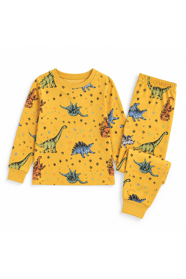 Boy's 100% Cotton Diamond Kids Yellow Dinosaur Pattern Long Sleeve Pajama Set