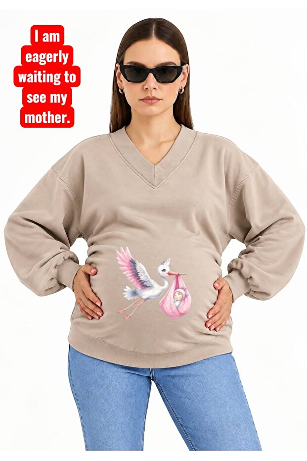 3 Yarn Combed Cotton Baby Printed Pregnant Women's V-Neck Sweatshirt Jr3
