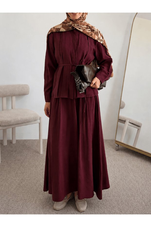 Ribbed Skirt Suit - 3523 - Burgundy