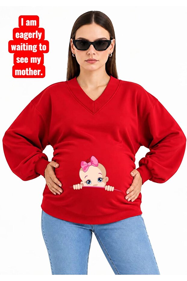 3 Yarn Combed Cotton Printed Maternity V-Neck Sweatshirt Jr1