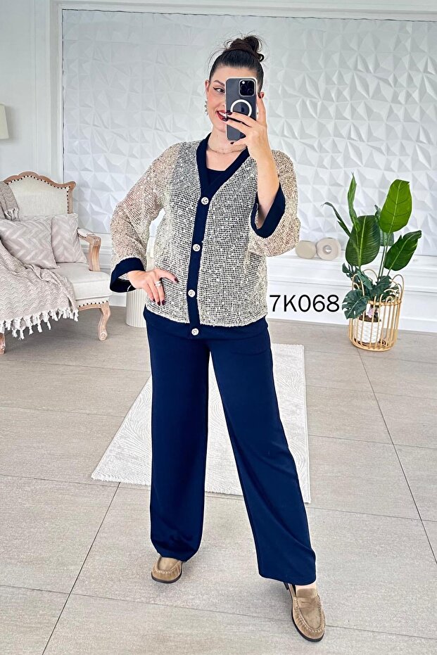 Sequined Mesh Cardigan 3-Piece Modal Set 7K068