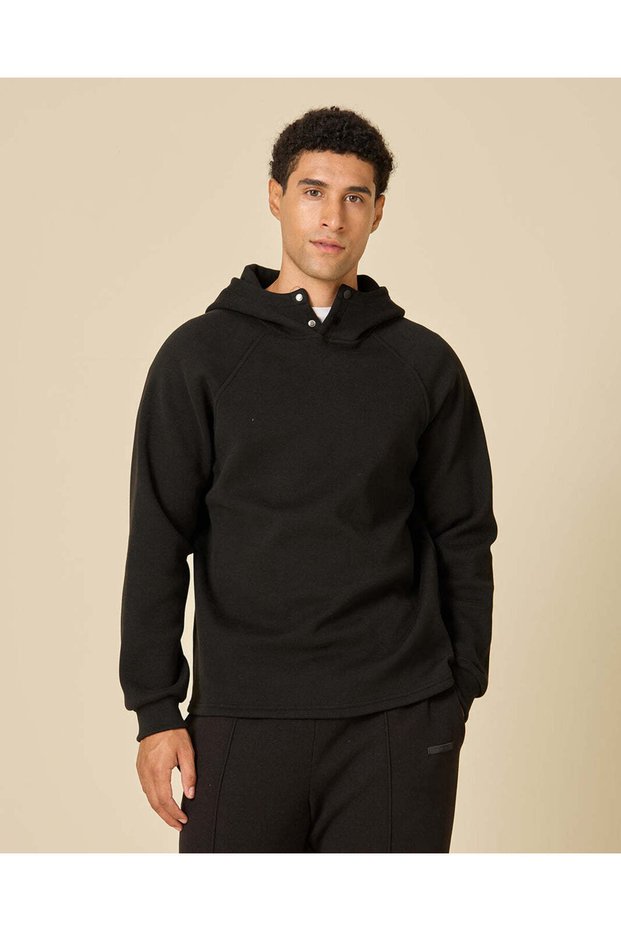 Men Black Hooded Button Front Active Sweatshirt