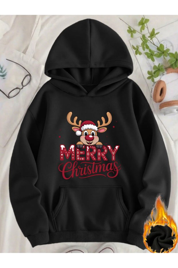 Unisex Men'S/Women's New Year's Merry Christmas Printed Cute Geğik Detail Premium Hooded 2 Thread Oversize Sweatshirt