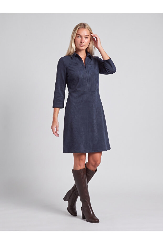Women's Navy Blue Suede Shirt Collar Zippered Three Quarter Sleeve Dress