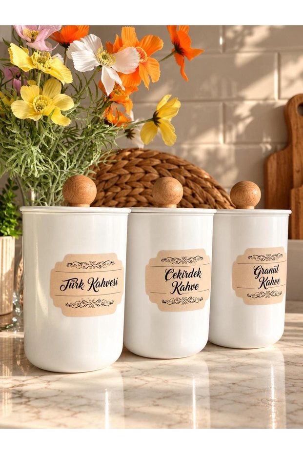 3-Pack 900ml Acrylic (Plastic) Vacuum Jar with Wooden Handle for Turkish Coffee-Granulated Coffee-Coffee Beans White Storage Container
