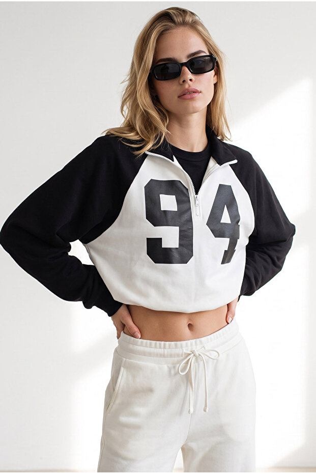 Women's Black Raglan Sleeve Half-Zip Draped Sweatshirt Swt-19000810