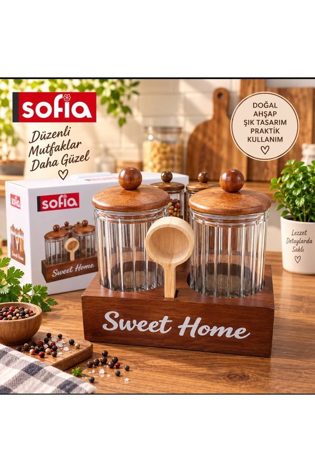 Dual Jar Set with Spoon and Wooden Stand, 2 Pieces