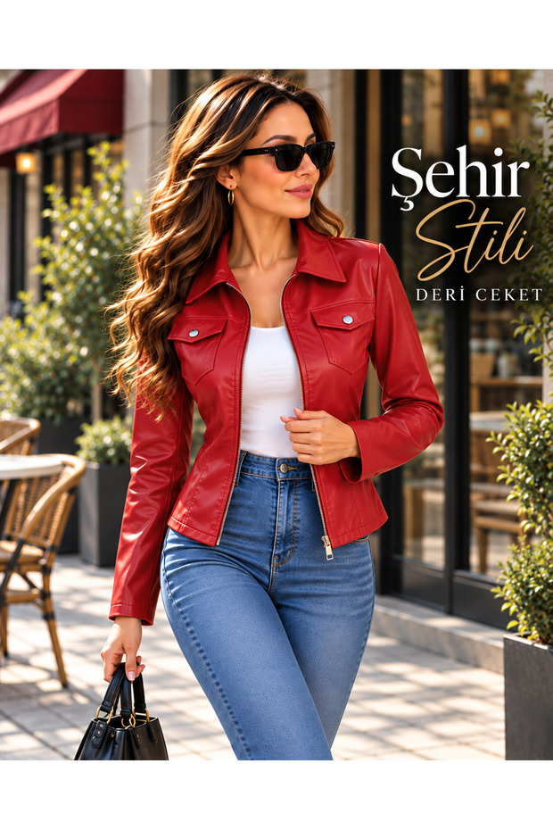 Women's Long Sleeve Pocket Detailed Shirt Collar Zipper Leather Jacket