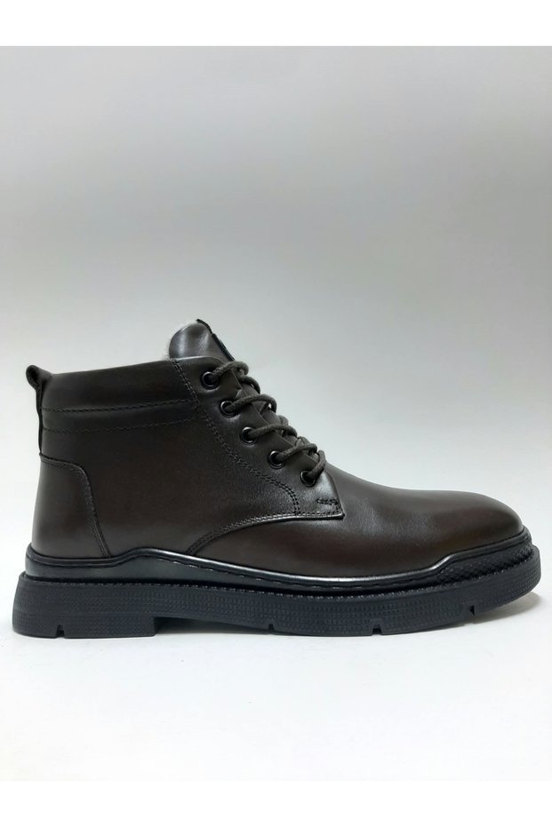Genuine Leather Lace-Up Zippered Fur Inside Anti-Slip Sole Brown Winter Men's Boots