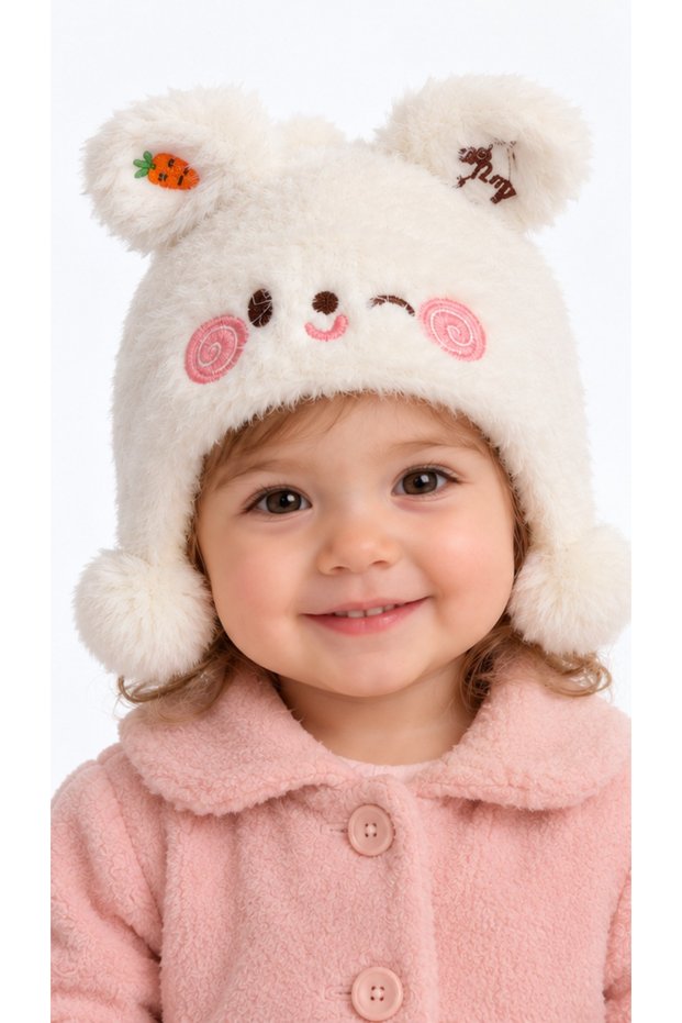Baby Girl Rabbit Model Soft Beanie with Ears and Pompom, Lined Inside, Cream Color, 6 Months - 3 Years Old