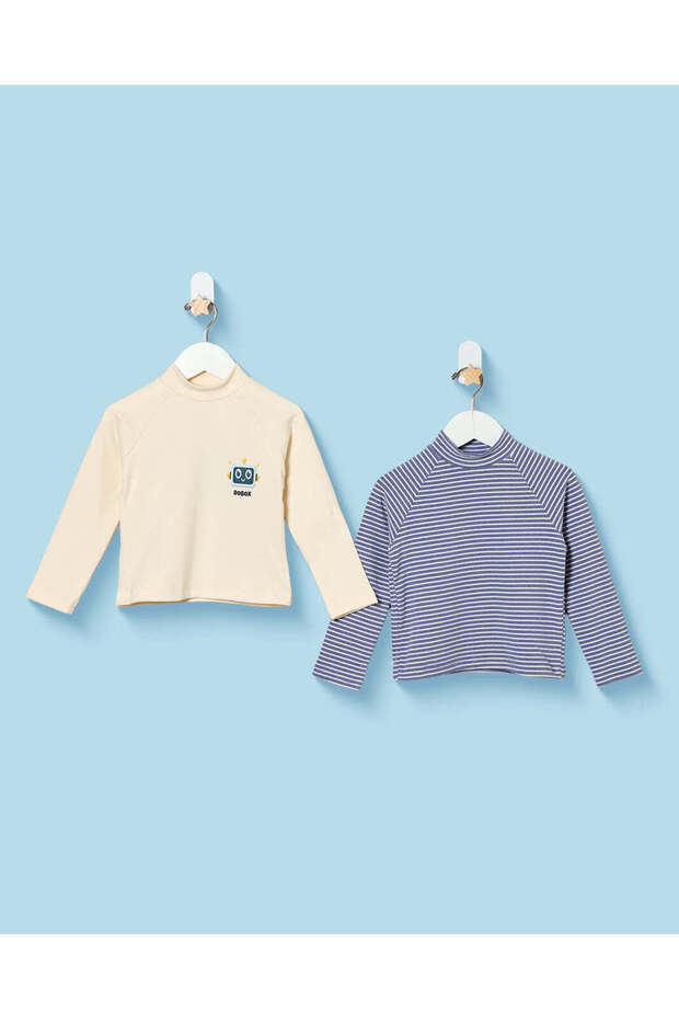 Infant Boys Cream and Blue High-Neck T-Shirts, 2 Pack