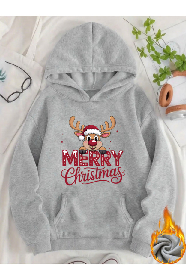 Unisex Men'S/Women's New Year's Merry Christmas Printed Cute Geğik Detail Premium Hooded 2 Thread Oversize Sweatshirt