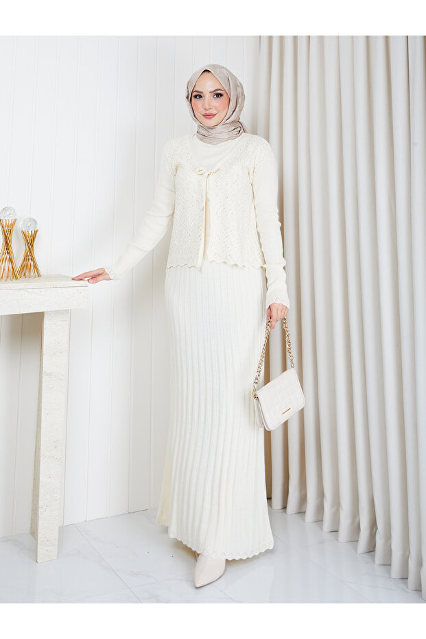 Women's Long Knitted Dress with Silver Detailing