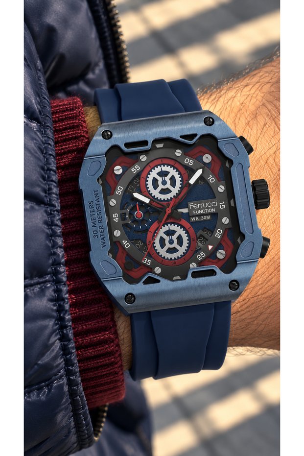 Navy Blue Color Silicone Cord, Functions Active, Black Square Case, Men's Wristwatch+Bracelet