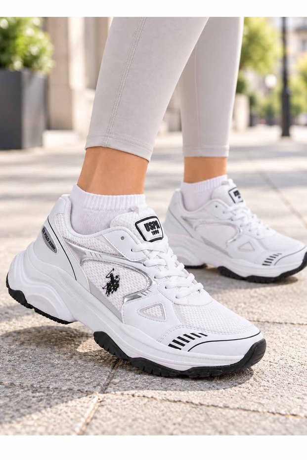 Women's White Sports Shoes with Mesh Detail and Thick Sole Casual Sneakers