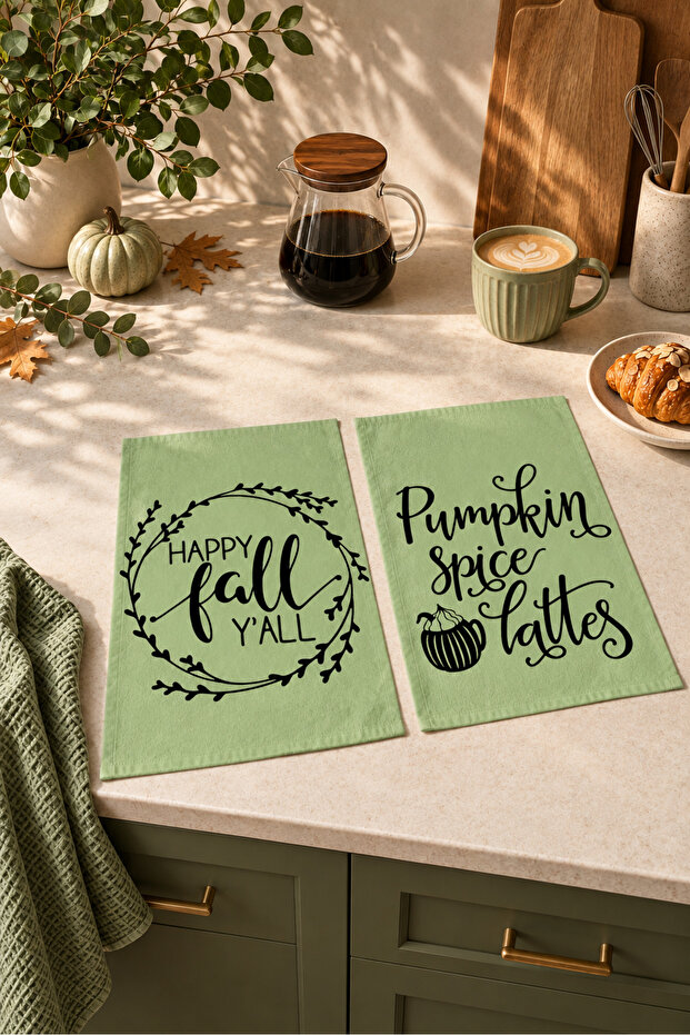 Sage Latte Green Autumn Lettering Patterned 2-Piece Kitchen Towel Set 35X55