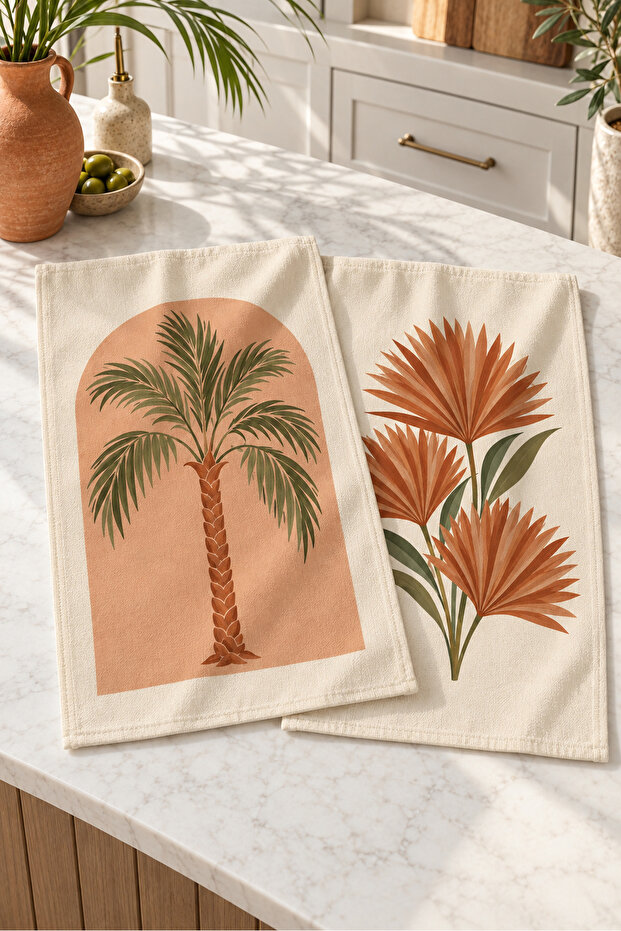 Palm Dune Cream Palm and Fan Leaf Patterned Tropical 2-Piece Kitchen Towel Set 35X55
