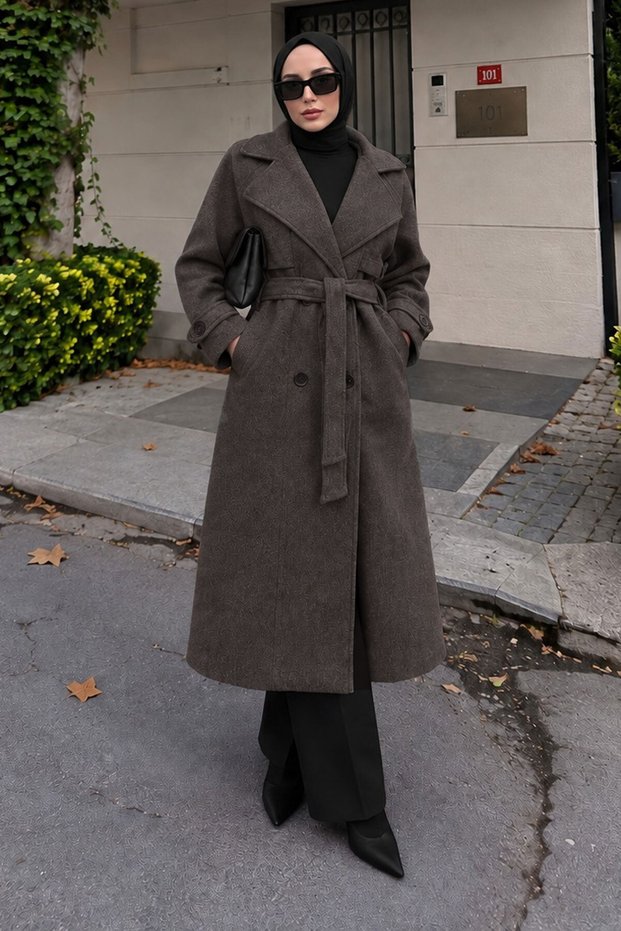 Belt Epaulet Detailed Cashmere Coat Tsd260317 Smoked
