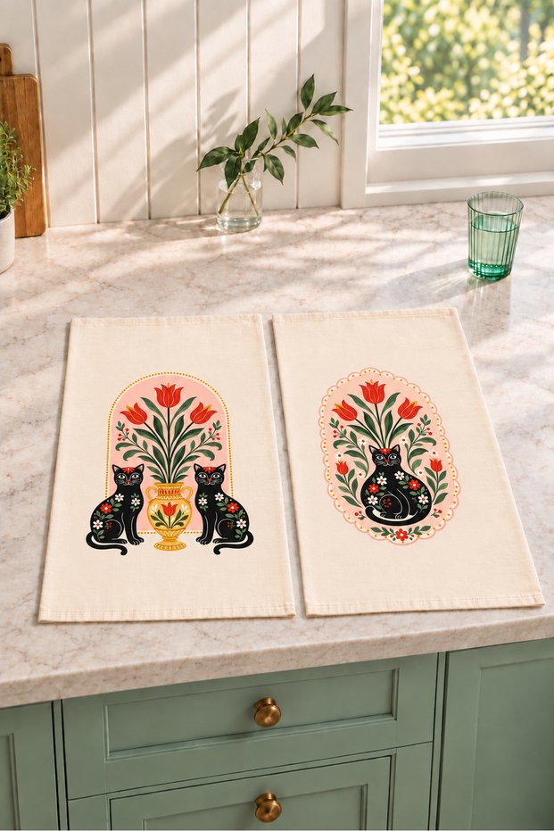 Tulip Guardians Tulip and Cat Patterned 2-Piece Kitchen Towel Set 35X55