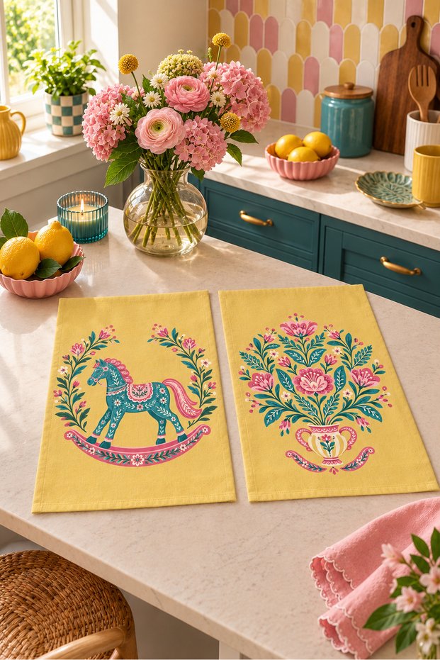 Fairy Tale Horse Yellow Turquoise Rocking Horse and Floral Patterned 2-Piece Kitchen Towel Set 35X55