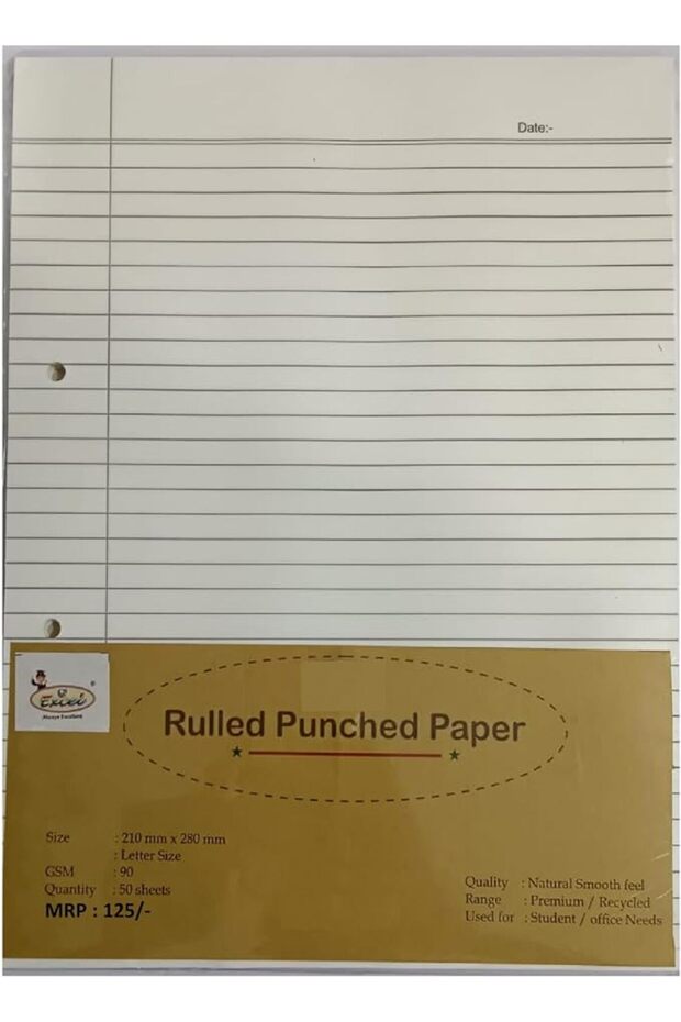 75 GSM Ruled Punched Paper 50 Sheets, A4 Size