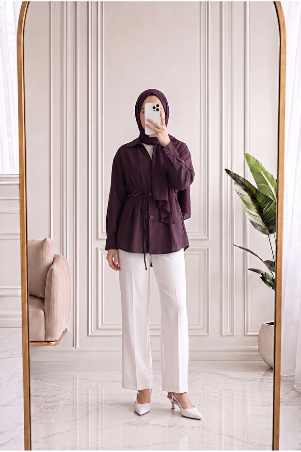 Vasfiye Front Pleated Detailed Ribbed Shirt-Nl1085 Plum