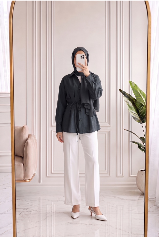 Vasfiye Front Pleated Detailed Ribbed Shirt-Nl1085 Anthracite