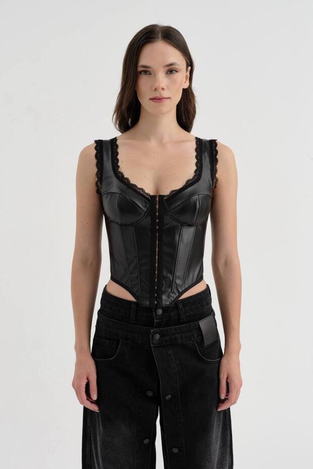 Women's Leather Corset with Padded Chest and Lace Detailing