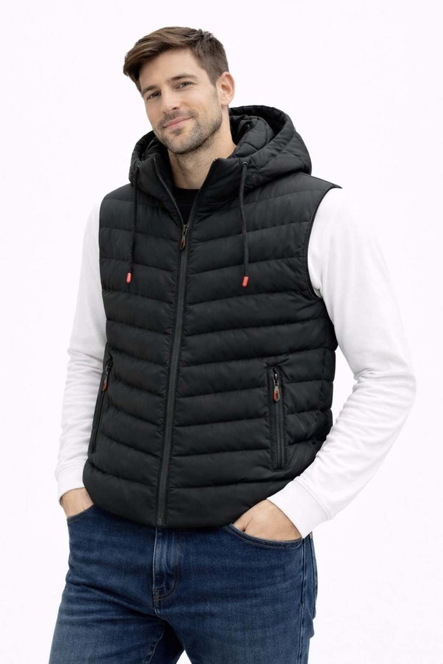 Men's Large Size Waterproof and Windproof Cotton Blend Sports Puffer Vest with Removable Hood 1074