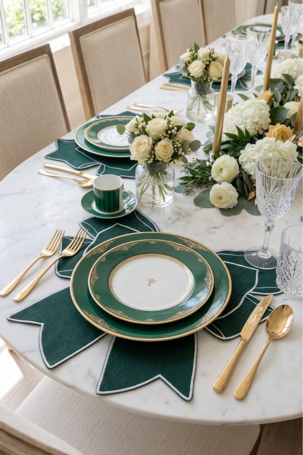 Bow Green Fabric Bow Shape White Embroidered American Service 35X39 cm - 1 Piece