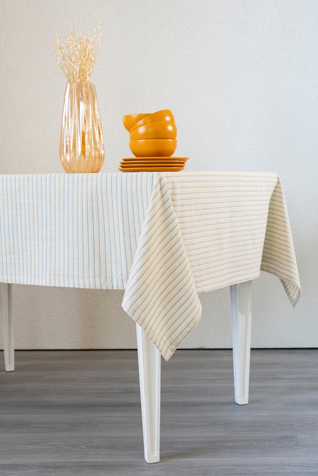 New Cotton Tablecloth - Soft Yellow Blue Striped